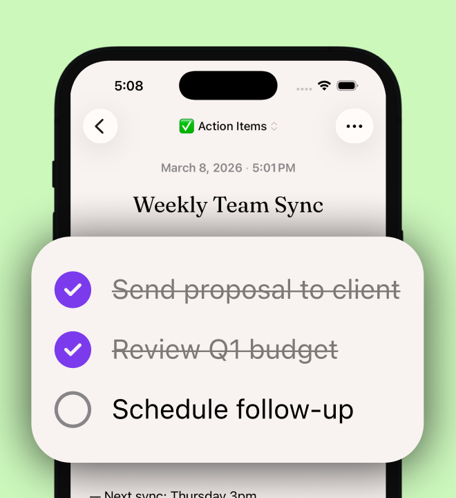 Action items extracted from a meeting with checkboxes