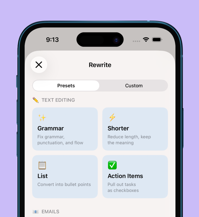 AI rewrite presets including grammar, shorter, list, and action items