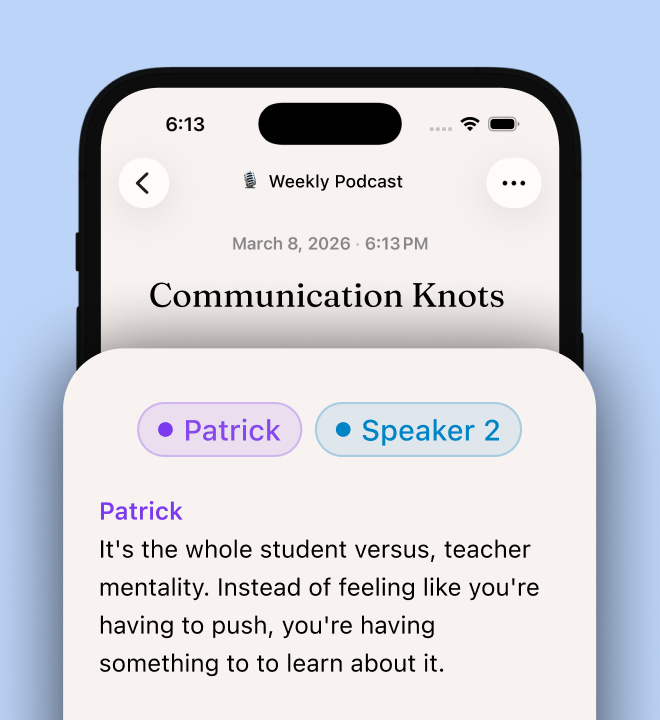 Speaker labels identifying different speakers in a podcast transcription